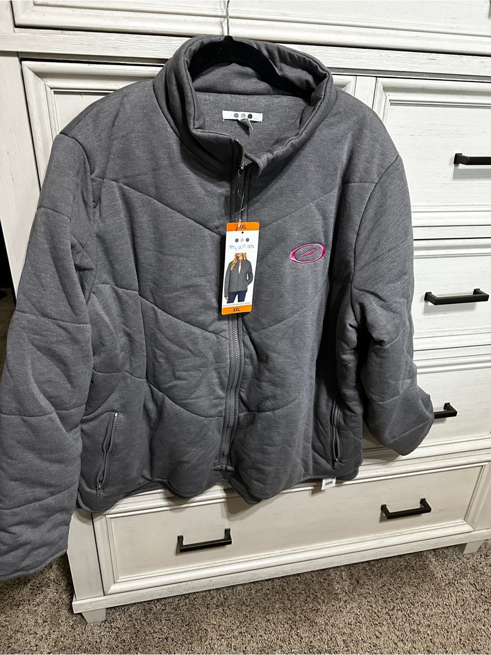 Three Dots Gray Puffer Jacket with Pink Logo Accent